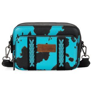 WG133-3003 Wrangler Cow Print Crossbody Purse With Wallet Compartment-Turquoise